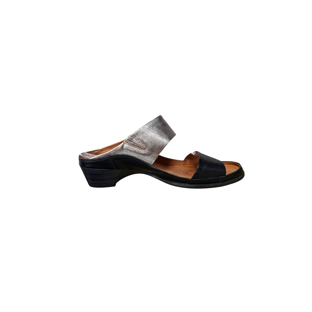 Pikolinos Huelva Womens 40 Black Metallic Leather Low Wedge Slide Sandals Shoes